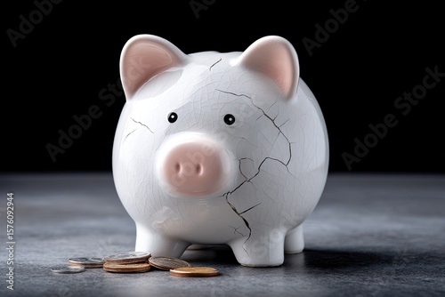Cracked Piggy Bank with Scattered Coins Symbolizing Financial Crisis and Bankruptcy