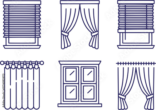 Window Treatment Icon Set Blinds, Curtains, and Windows Vector Illustration