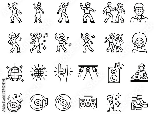 Groovy night fever retro icons set vector illustration featuring music speakers dancing disco balls turntables and party