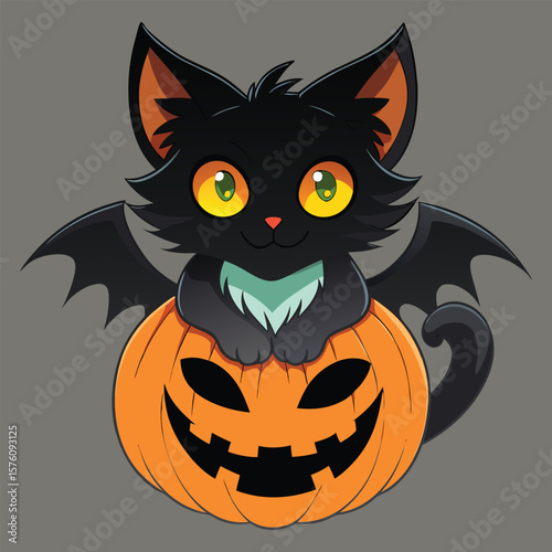 Black cat with bat wings on jack o lantern halloween