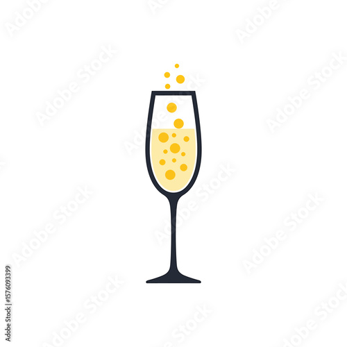 A minimalist vector illustration of a champagne flute filled with golden bubbles, isolated on white background
