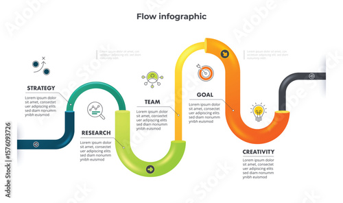 Flow diagram bold color curve. Timeline 5 Key Points. Business Presentation. Vector illustration