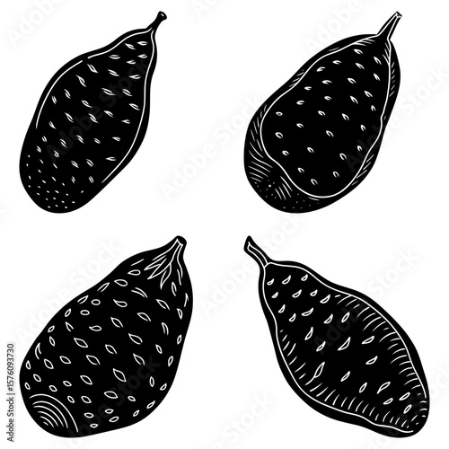 Four stylized black and white jackfruits arranged on a white background in a pattern design image
