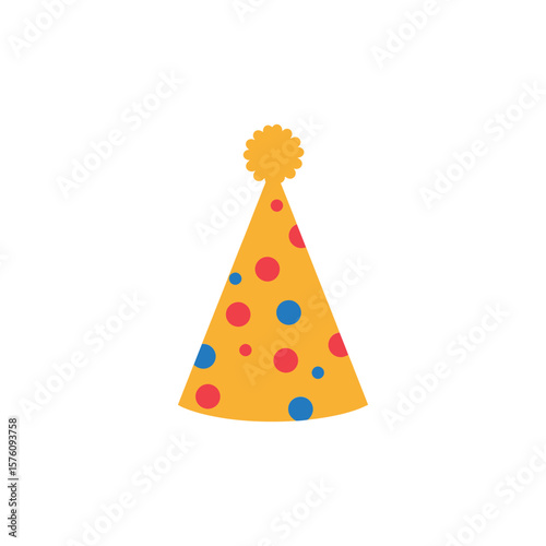 A festive yellow party hat with colorful polka dots sits isolated on white background, ready to add cheer to any celebration