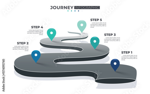 Winding road infographic with 5 step point to success. Business timeline, Workflow, Production, Milestone concept