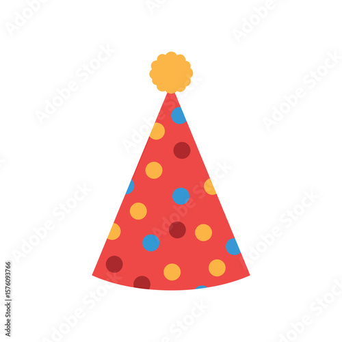 A vibrant red party hat with colorful polka dots, perfect for birthday celebrations and festive events, isolated on white background