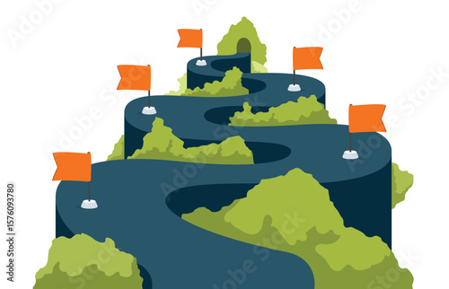 Road winding infographic 6 option to success. Road trip, winding road concept.