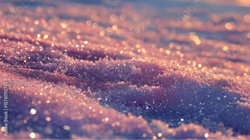Sparkling frozen ground reflecting the sunrise in a field of snow crystals
