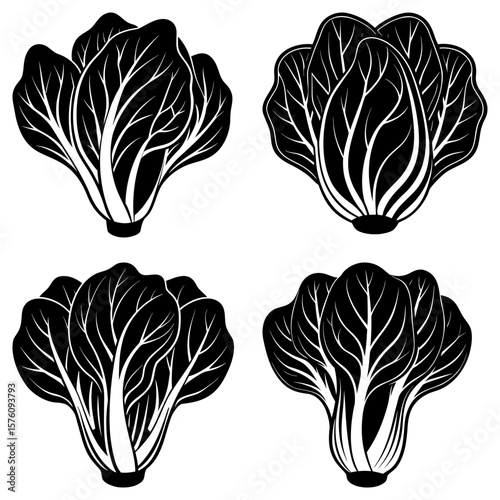 Four stylized bok choy vegetables arranged in a square pattern in black and white monochrome design style