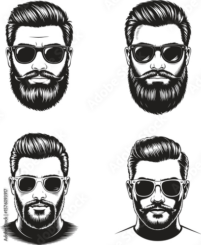 Bearded Men Portraits with Sunglasses in Monochrome Style Vector Illustrations