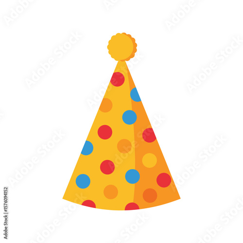 A cheerful yellow party hat with colorful polka dots sits isolated on white background, ready to celebrate a fun birthday or festive event