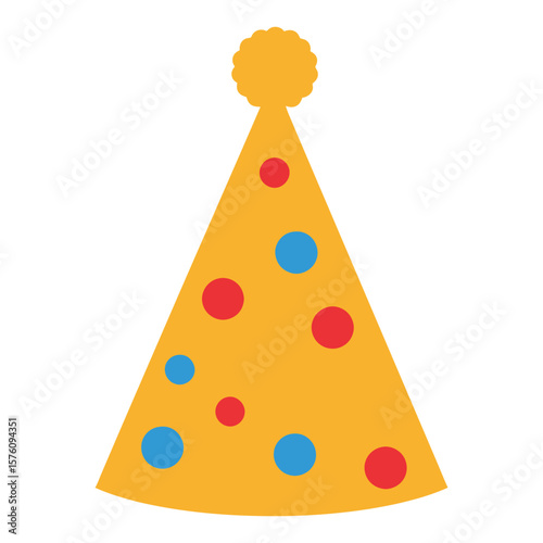 A festive yellow party hat with red and blue polka dots is isolated on white background, perfect for a birthday celebration