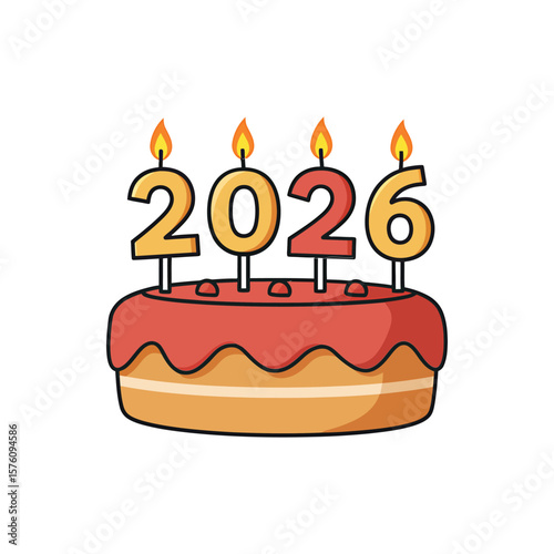 A festive cake with candles spelling out the year 2026, isolated on white background