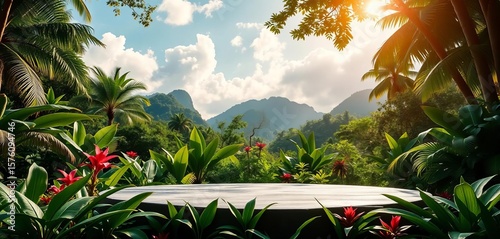 Stone podium atop lush tropical forest floor, ideal for product display, summer, foliage