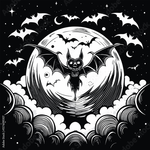 Spooky bat flying under full moon night