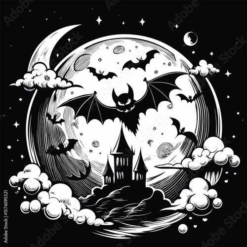 Spooky castle bats moon clouds halloween night