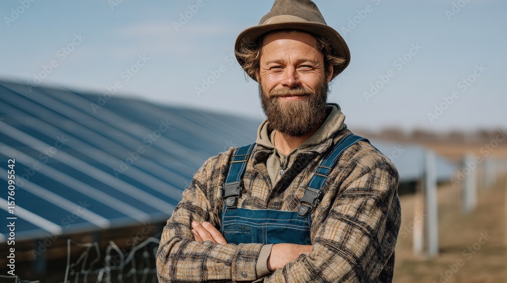 Fototapeta premium A portrait of a male farmer in overalls, standing proudly beside his tractor in a solar farm, with solar panels stretching across the horizon.