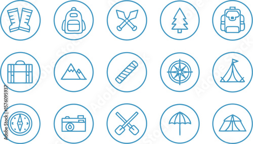 Blue Line Icons For Outdoor Adventure And Travel camping