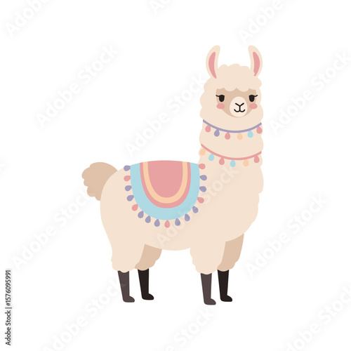 Cute llama wearing colorful decorative saddle blanket in cartoonish vector style. Types of animals, decoration for nursery or kid's room. National Llama Day. Chile, Peru, Bolivia inhabitants
