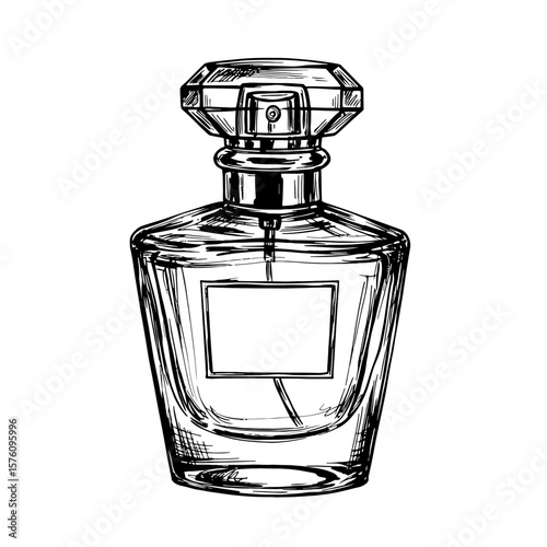 Elegant perfume bottle in classic design with label mockup, vintage pencil strokes style vector illustration. Cosmetics and beauty routine concept, fragrance container