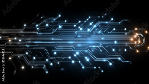 A glowing digital circuit pattern with blue and orange lights on a black background, representing modern electronic technology.