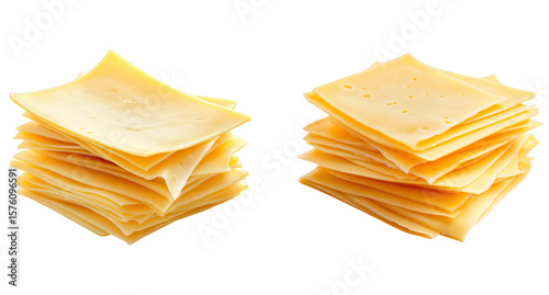 Set of stacks of cheese slices isolated on transparent background, png, cutout