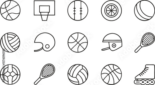 Sports equipment icons basketball volleyball tennis helmet roller skate