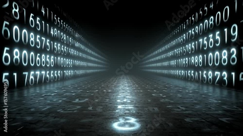 A futuristic corridor with glowing numbers on the walls and floor, fading into darkness.