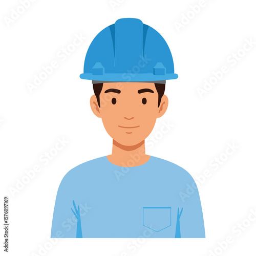 Construction Worker with Blue Hard Hat and Shirt Front View Portrait