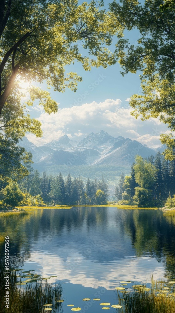 Fototapeta premium Reflecting Mountain Lake Surrounded by Forest Scenery