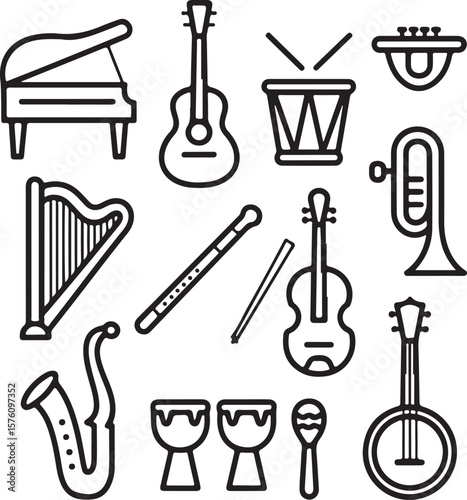 Minimalist Line Icons of Musical Instruments – Piano, Guitar, Drums, Flute, Violin, and More"