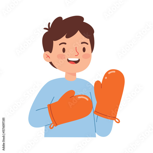 Happy Boy Wearing Orange Oven Mitts