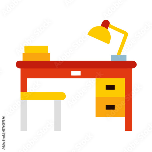 Colorful modern desk with yellow lamp and storage drawers  