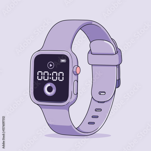 Lavender Smartwatch Displaying Midnight with Play Button and Low Battery
