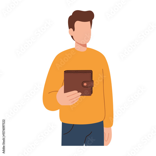 Man in Orange Sweater Holding Brown Leather Wallet