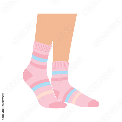 Pair of Feet Wearing Pink Striped Socks with Blue and Peach Accents