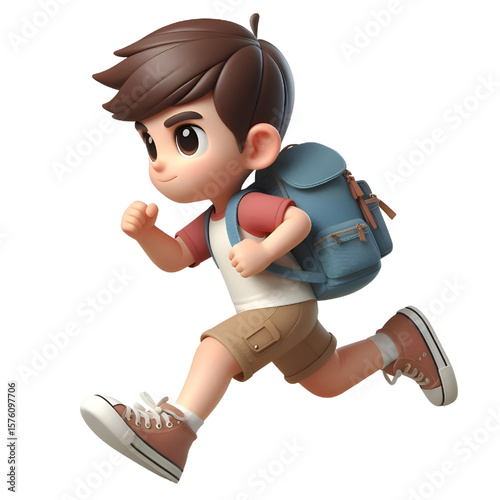 Schoolboy running with a backpack, transparent background