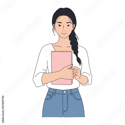 Young woman with braided hair holding a pink book