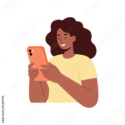 Young Woman with Curly Hair Smiling and Using Orange Smartphone