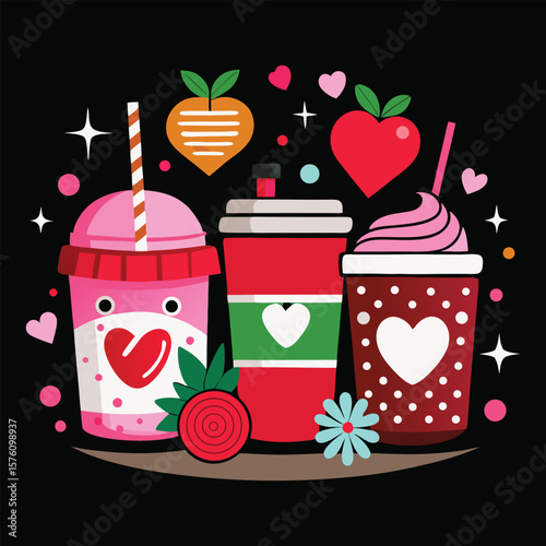 Sweet drinks with hearts and fruits cups strawberry
