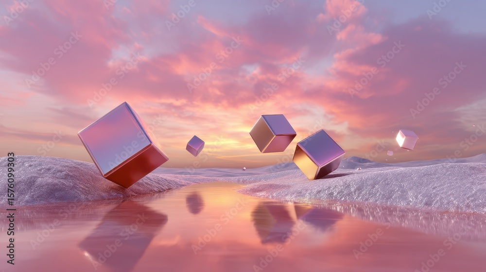 Naklejka premium Reflective metallic cubes floating over a pink water surface at sunset