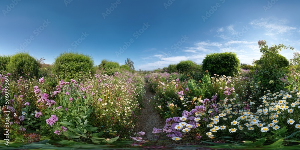 Obraz premium Vibrant flower garden 360 degrees hdr panorama nature landscape sunny day viewpoint