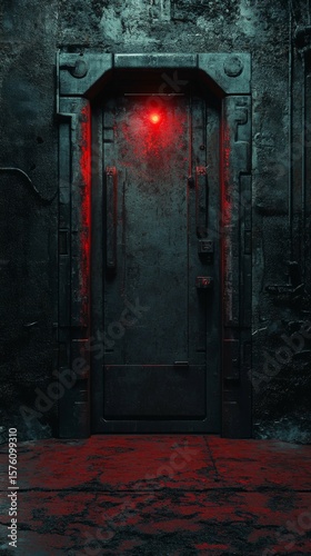 Dark Metal Door with Glowing Red Light in Grunge Wall Setting