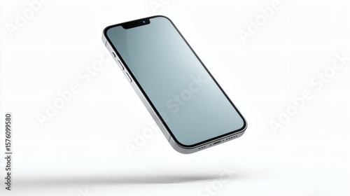 A sleek, modern smartphone levitates, showcasing its blank screen against a stark white backdrop.