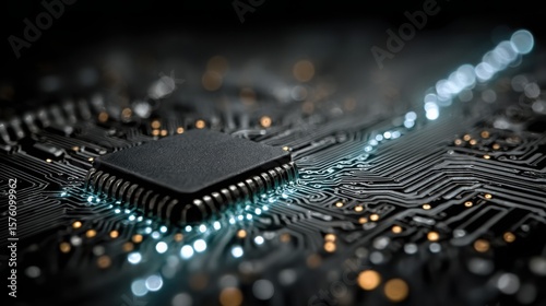 Close up of dark circuit board with central processor unit