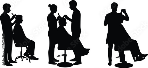 Silhouette of hair salon activities showing hair cutting, styling, and confident client

