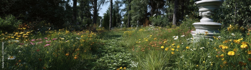Fototapeta premium Panoramic 360 degrees view of lush floral pathway in nature hdr landscape imagery