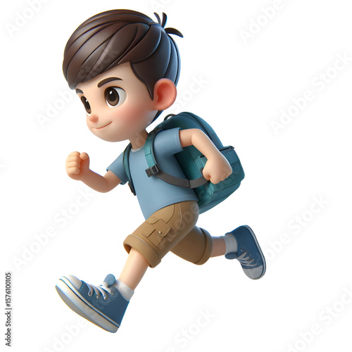 Schoolboy running with a backpack, transparent background