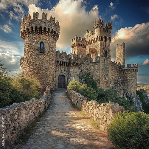 An imposing stone castle stands majestic, under a dramatic sky. The detailed architecture of the castle shows history, strength and grandeur. 