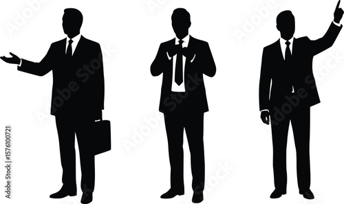 Silhouette of three business professionals presenting, speaking, and celebrating in formal attire

